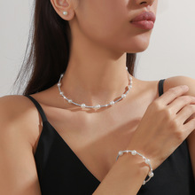 新欧美时尚简约珍珠水钻束颈链项圈手镯耳钉三件套亚马逊爪链套装