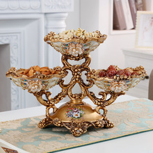 欧式干果盘家用奢华镶钻客厅茶几摆件创意分格多层带盖糖果盘装饰