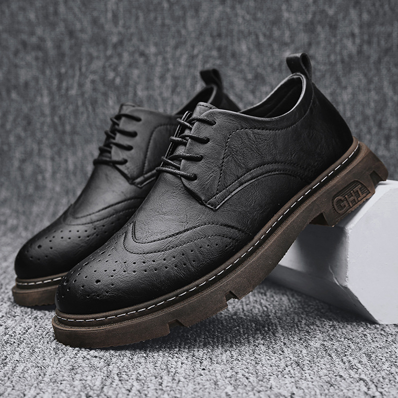 Brogue Martin Boots Low-Cut All-Match Leather Shoes Black Men‘s Spring Workwear Men‘s Shoes British Casual Classic Four Seasons