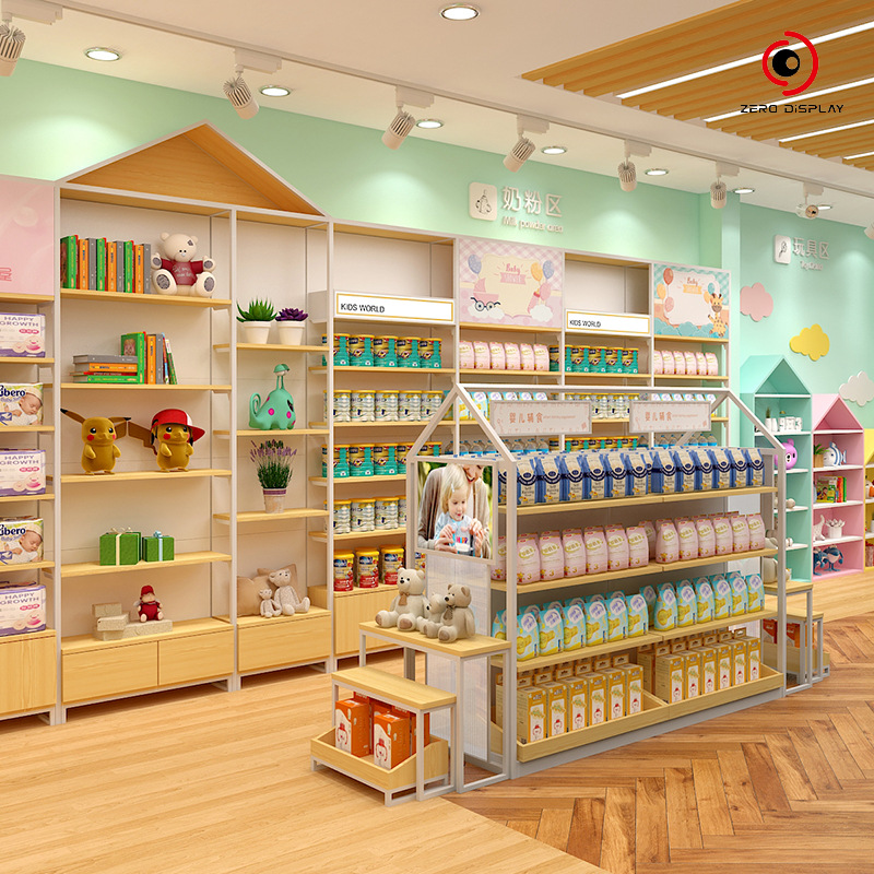 定制母婴店货架奶粉背柜孕婴服装高柜钢木辅食中岛柜促销流水台