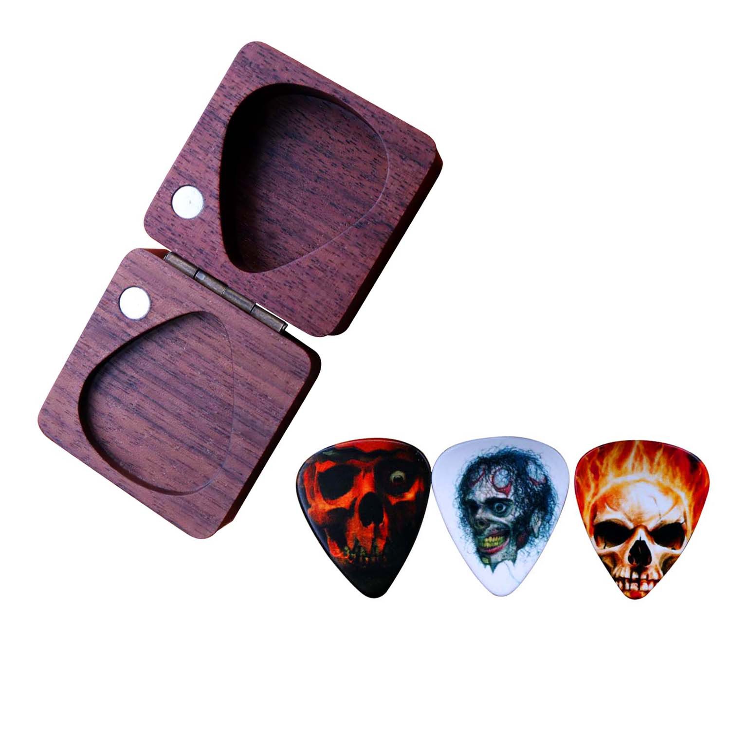 吉他实木拨片盒子 3个性拨片 骷髅头拨片 木盒 礼品盒 拨片收纳盒