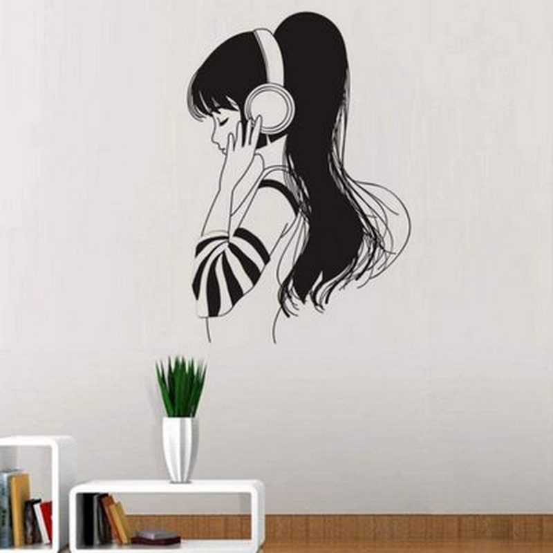 长发女孩头戴耳机听音乐图案 卧室装饰创意精雕墙贴-阿里巴巴