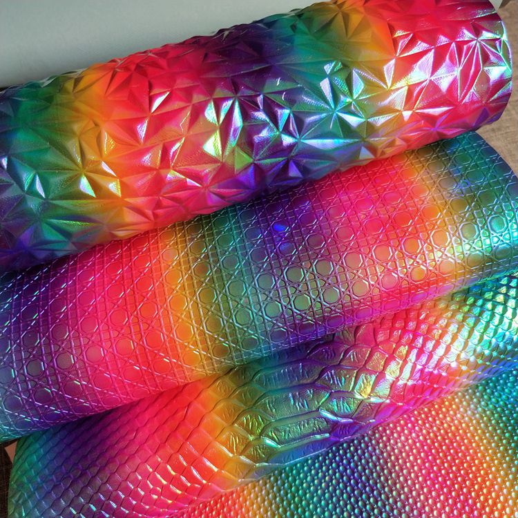 彩虹条纹镭射幻彩pu压纹革石头纹钻石纹鱼鳞纹幻彩七彩条纹a206