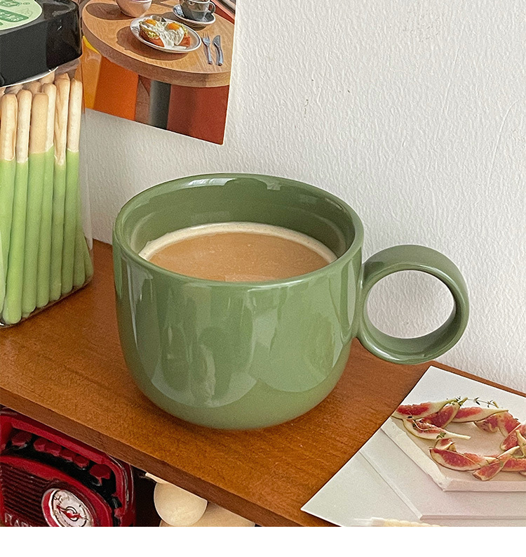 穆尼ins风莫兰迪色指环咖啡杯马克杯墨绿色复古陶瓷茶水杯早餐杯
