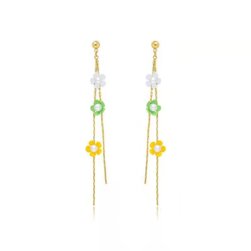 Fresh Flower Ear Stud Earring Sterling Silver Needle Long Tassel Contrast Color and Versatile Small Flower Earrings