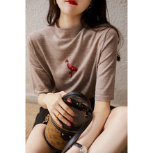 外贸女装尾单一线品牌剪标轻薄刺绣火烈鸟针织衫女短袖T恤上衣潮