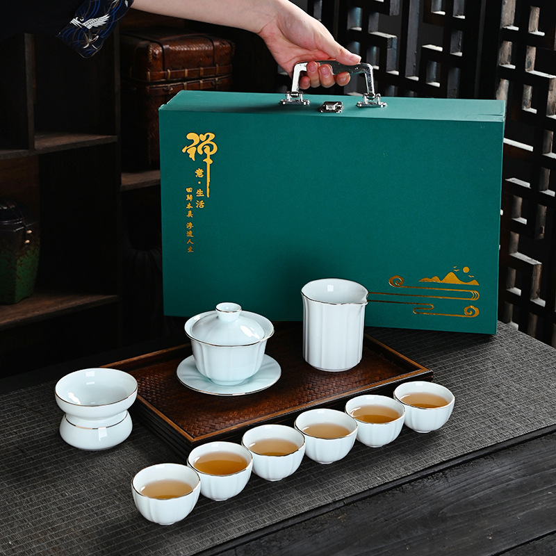 Thousand-Li Landscape White Jade Porcelain Kung Fu Tea Set Set High-End Enterprise Business Annual Meeting Gift Set Logo