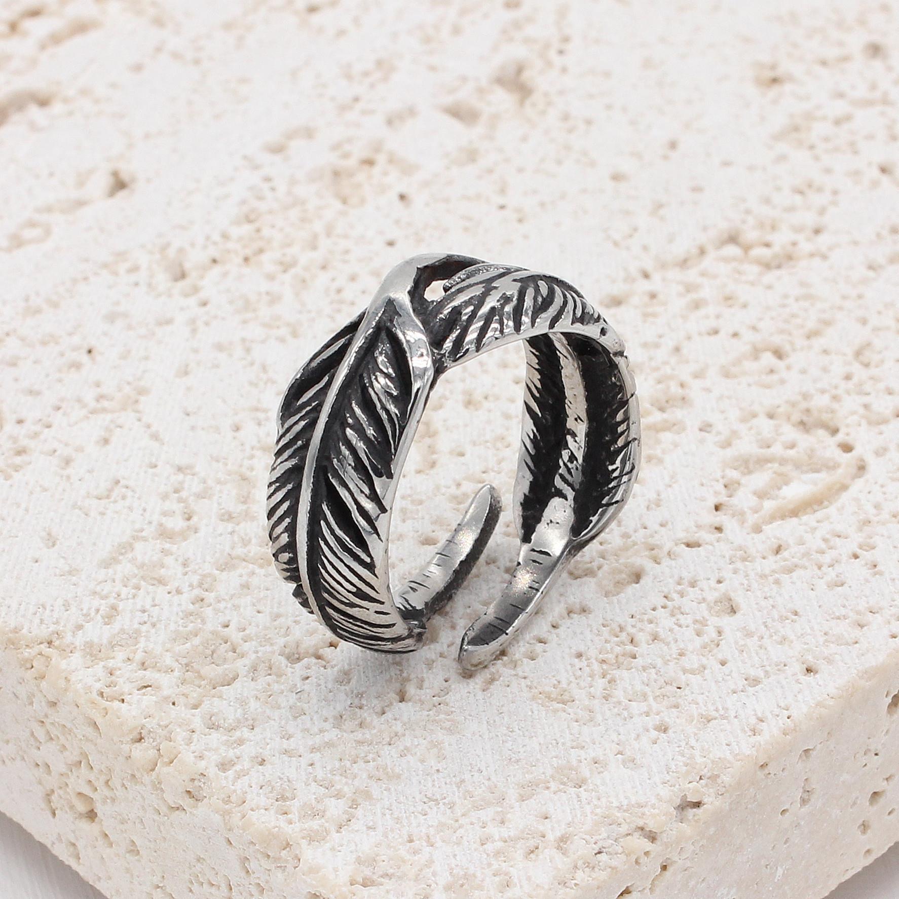 r1081 外贸饰品批发 个性复古高桥羽毛钛钢戒指冷淡风-阿里巴巴