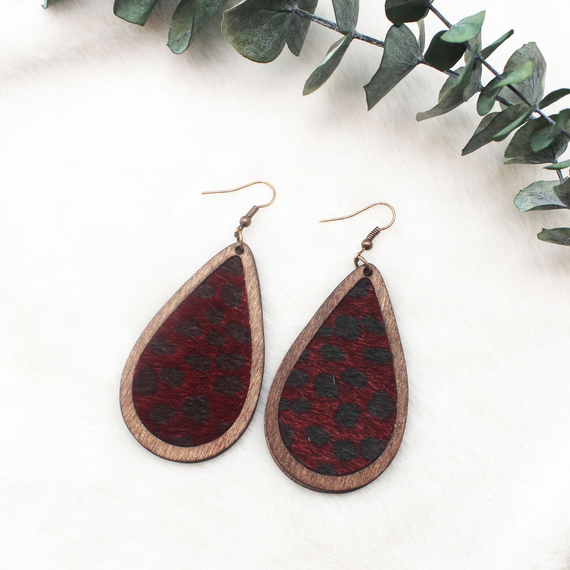 Wooden Wood Board Inlaid Leopard Print Leather Earrings Drop Earrings Amazon Europe and America Cross Border Vintage Horse Hair Earrings