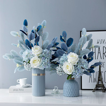 蓝色北欧陶瓷花瓶仿真花假花客厅餐桌花艺装饰品摆件陶瓷花瓶