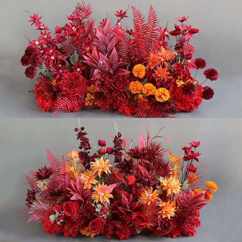 婚庆路引花排新款t台舞台插花地排花酒店花艺仿真婚礼布置红色系