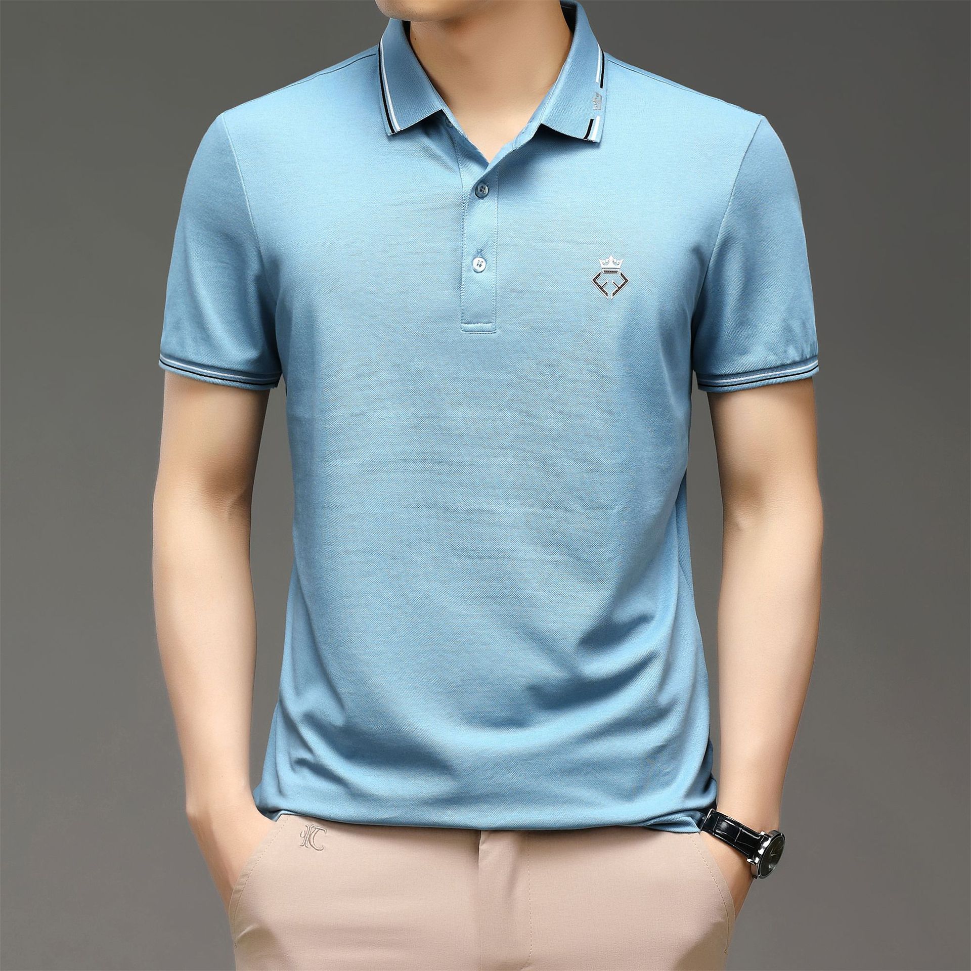 夏季品牌男士短袖polo衫翻领t恤纯色简洁绣花翻领轻商务男装上衣