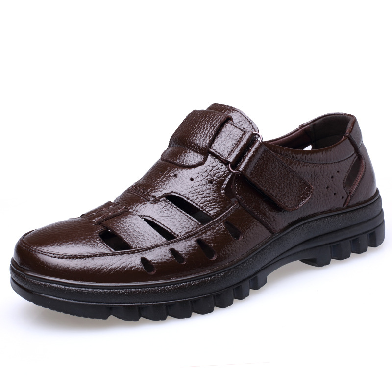 Summer Men's Leather Sandals Authentic Leather Hollow out Breathable Casual Hole Shoes Non-Slip Leather Sandals for Middle-Aged and Elderly Dad