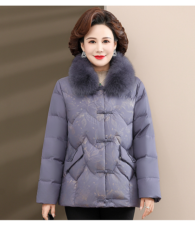 中老年妈妈装棉服棉衣加绒加厚大毛领印花气质保暖外套40岁50女冬