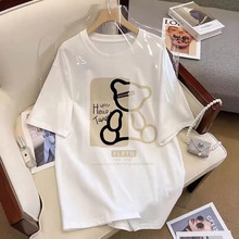2025夏季正肩圆领短袖女慵懒风小熊图案印花全棉T恤宽松显瘦百搭