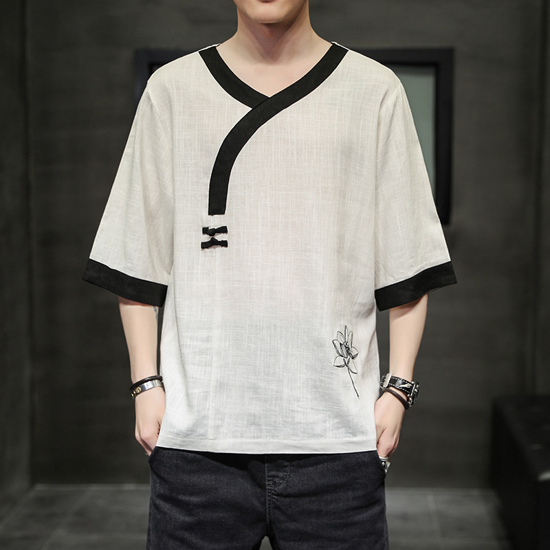 2021夏季中国风男装棉麻刺绣休闲t恤青年斜襟盘扣莲花半袖汉服男