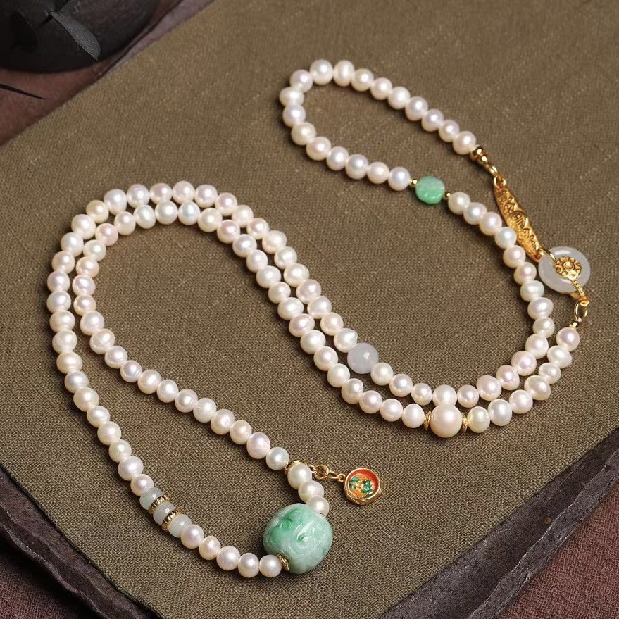 Natural a Goods Jade Pattern Beads Freshwater Pearl Sweater Chain Women's Cheongsam Accessories Pendant Long Necklace Wholesale