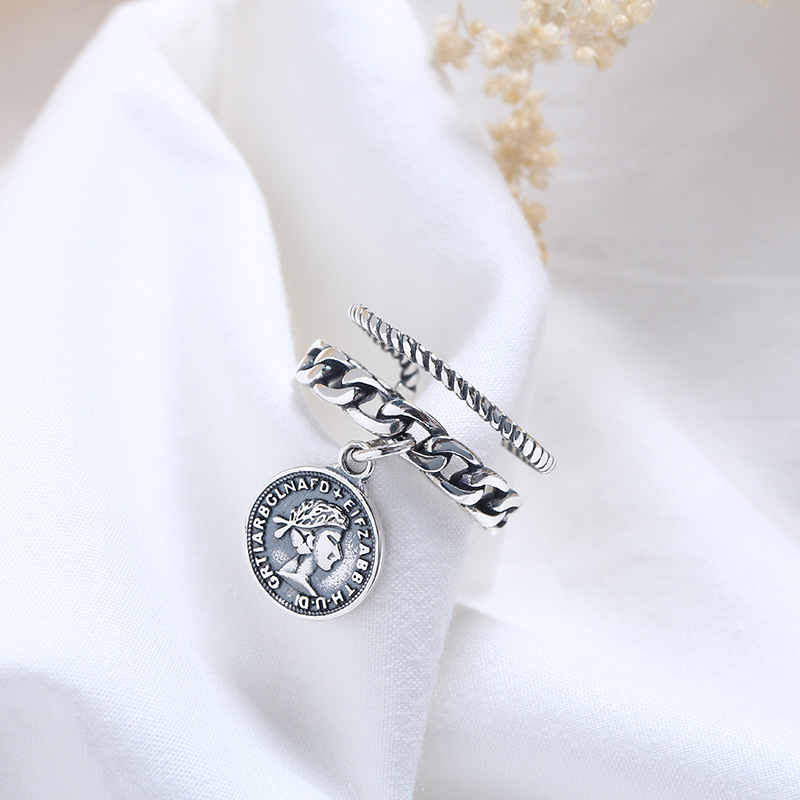 诗尚s925纯银戒指泰银日韩复古潮人雅致人像圆片戒指开口-阿里巴巴