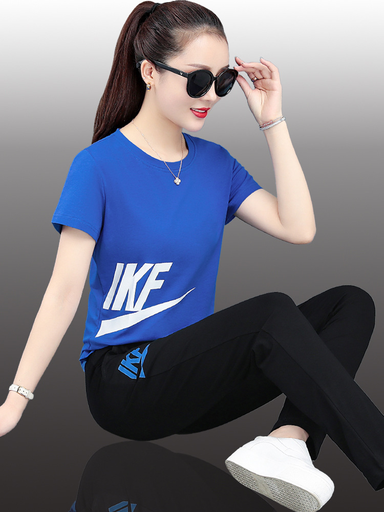 休闲运动服套装女夏2020新款短袖长裤胖mm宽松显瘦跑步两件套