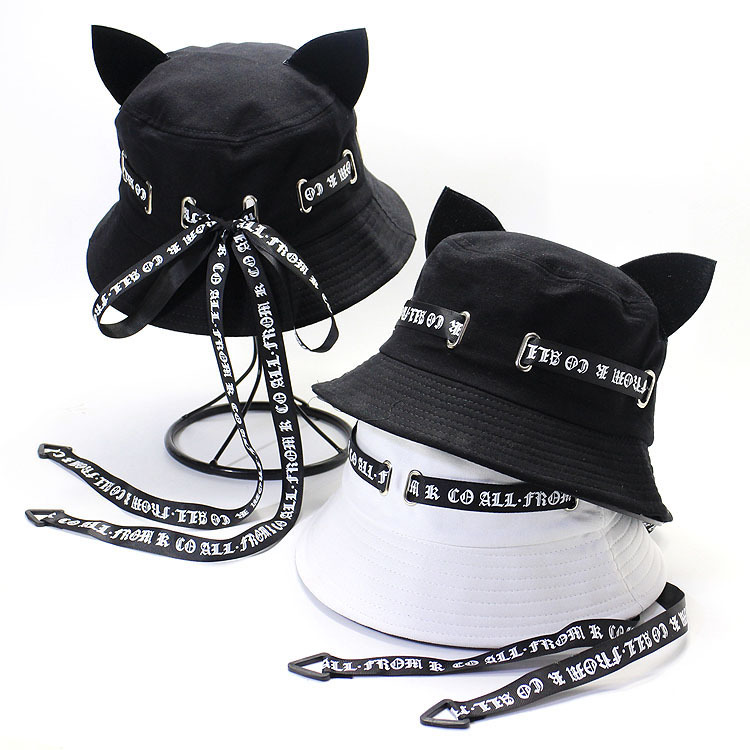 soft girl cute with cat ears ribbon fisherman hat female spring and autumn student versatile leisure basin hat sun hat cartoon