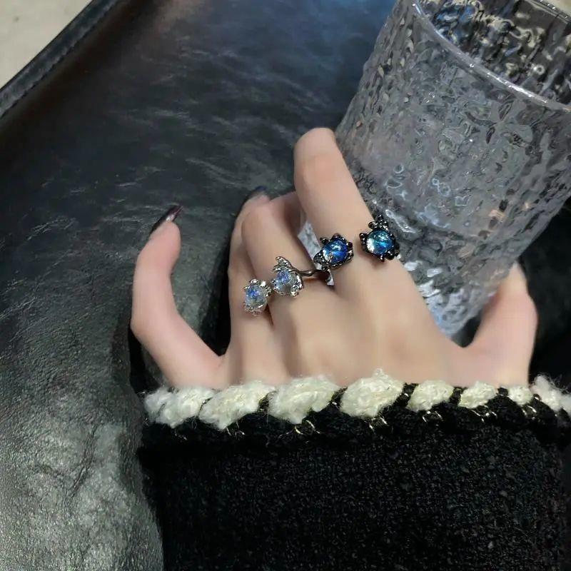 White Moonlight Gun Black Metal Moonstone Couple Rings Niche Couple Ring Ins Trendy Light Luxury Decoration Index Finger Ring