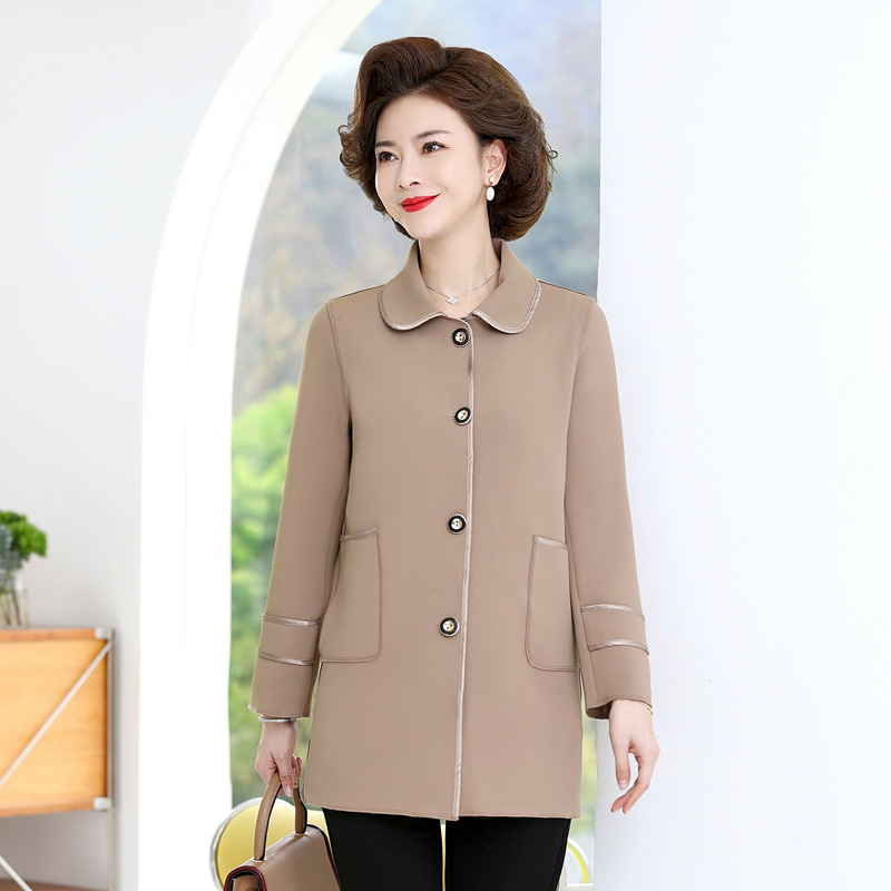 中老年女装开衫方领长袖春秋外套中长款风衣妈妈装大衣纯色大上衣