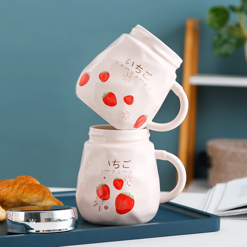 Fruit Strawberry Mirror Ceramic Cup Large Capacity Cute Girl Drinking Glass Jewelry Gift Mug Set Logo