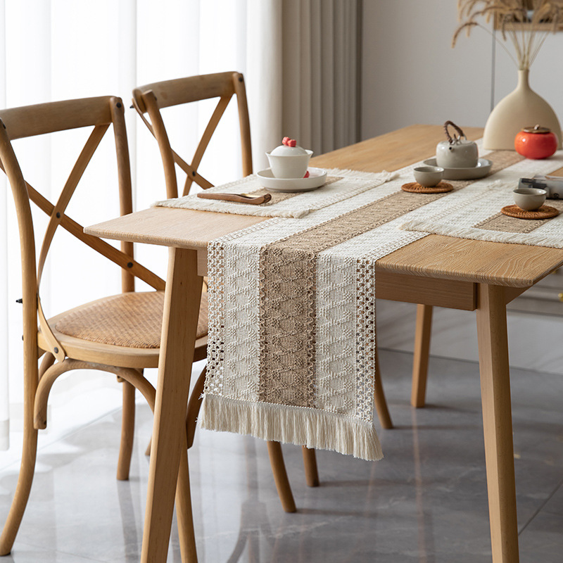 Cross-Border Dining Table Table Runner Wholesale Solid Color Linen Light Luxury American Tassel Table Towel Tea Table Mat Weaving Hollow Table Runner