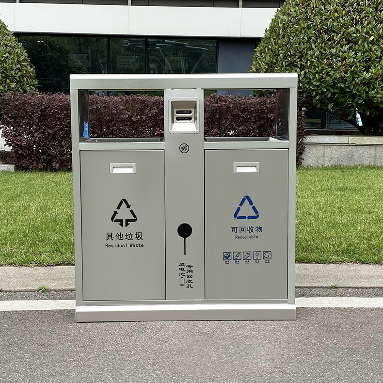 厂家定做不锈钢垃圾桶户外公园街道大号双桶斜拉式分类垃圾桶定制