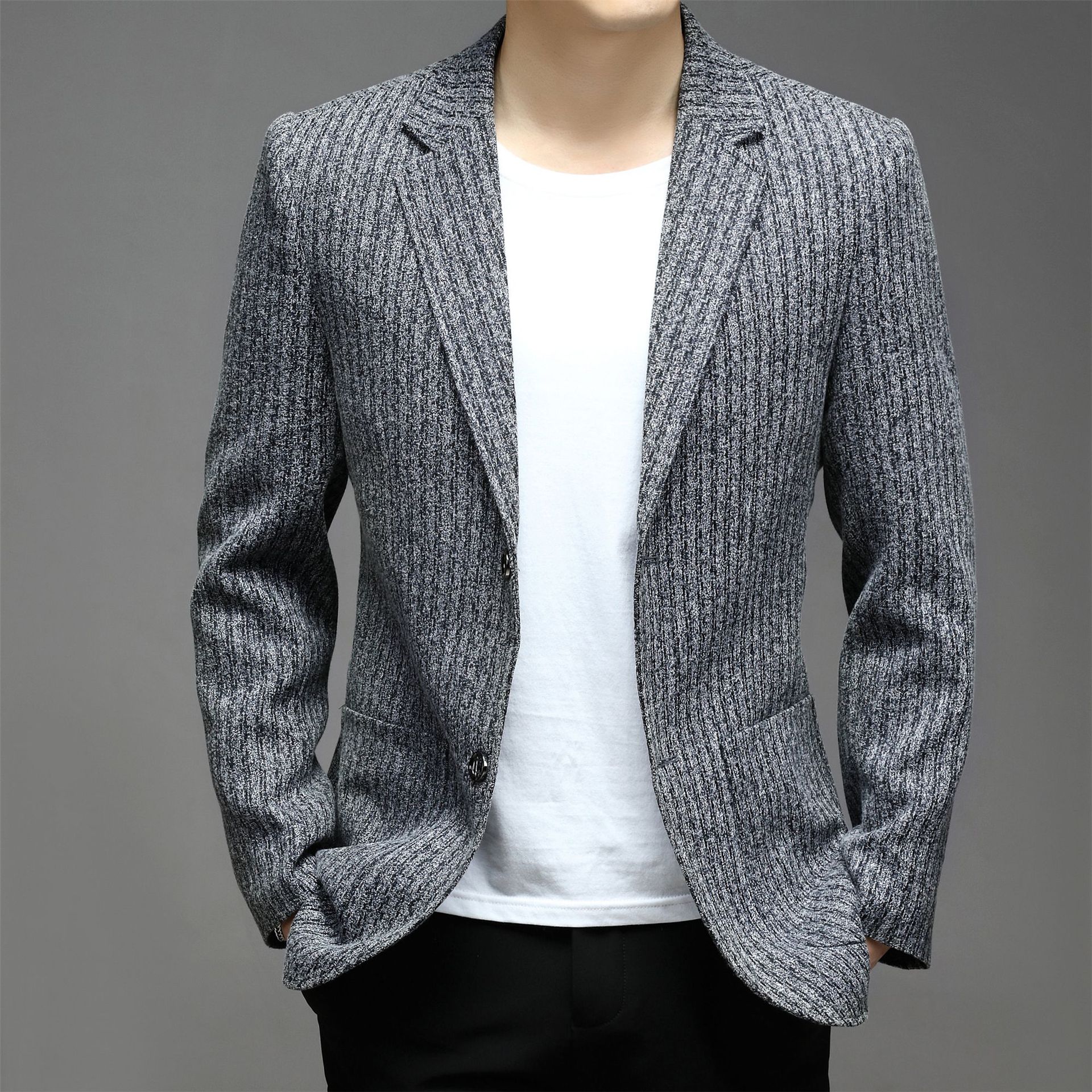 欧美西装男士跨境 粗纺毛呢针织上衣都市商务正装西服外套批发