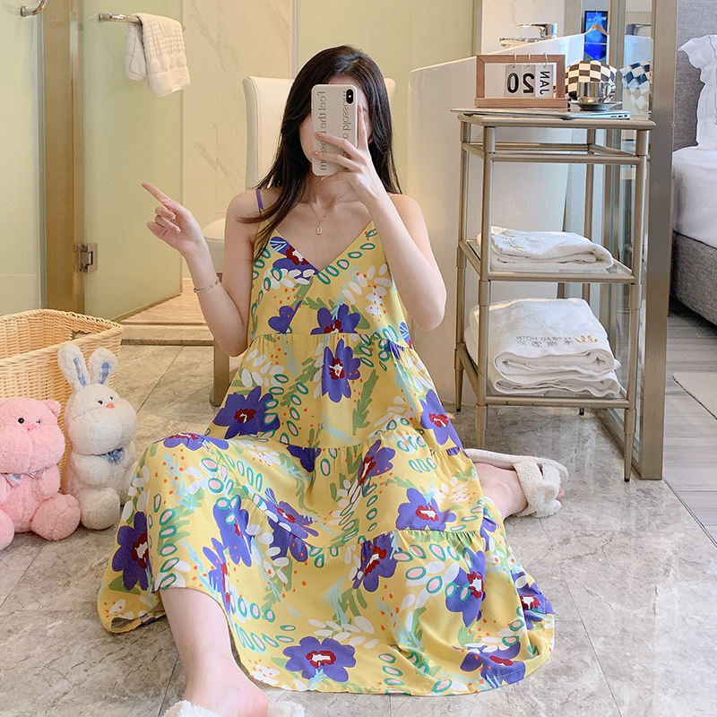 Artificial Cotton Nightdress Women's Summer New Small Floral Strap Dress Internet Celebrity Live Large Size Long Pajamas Home