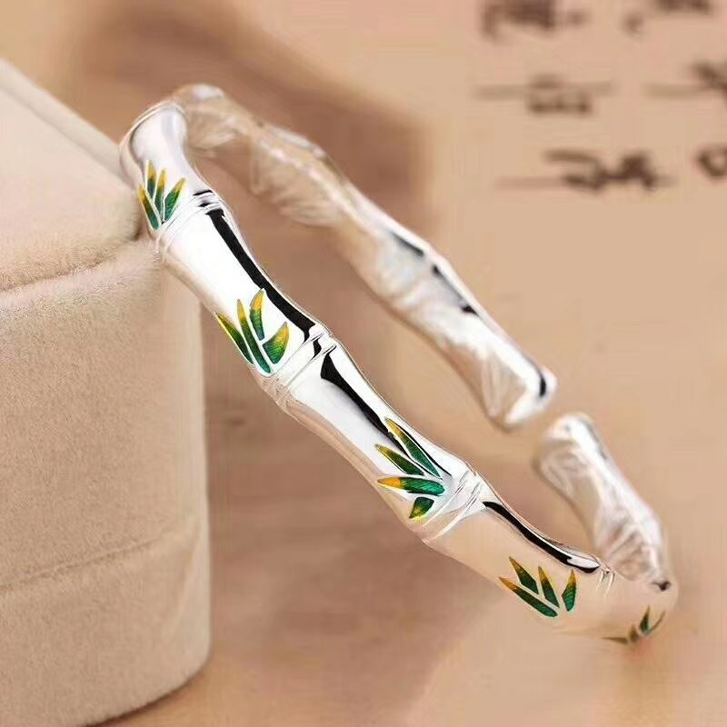 纯银节节高竹叶足银手镯子999女式竹节开口手环手饰约情人节礼品
