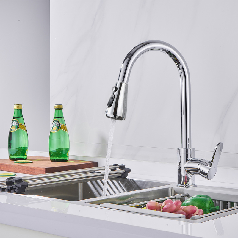 Cross-Border 304 Kitchen Pull-out Faucet Retractable Universal Rotating Washing Basin Faucet Hot and Cold Faucet