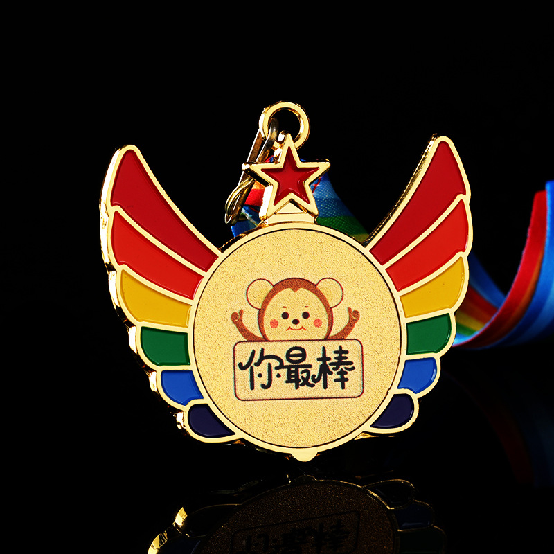 彩色星星翅膀徽章 烤漆奖牌金银铜儿童运动比赛奖品挂牌可制logo