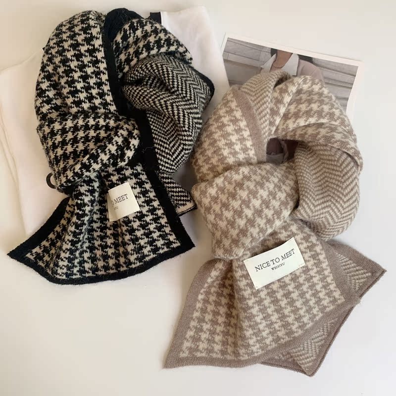 houndstooth scarf for women winter cashmere-like 2023 new korean style versatile student couple knitted warm scarf for men