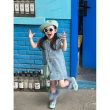 韩国童装2024夏季新款小众荷叶领格子女童连衣裙时尚可爱背心裙子