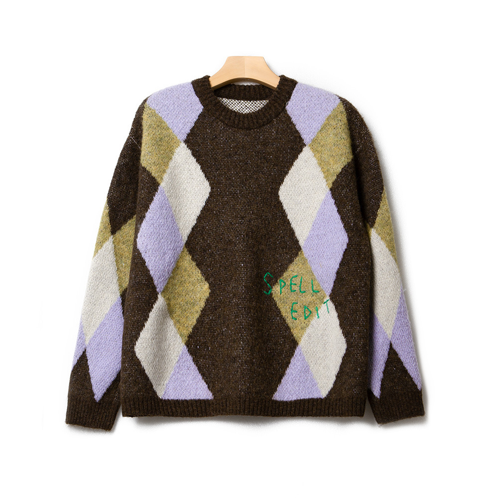 *2023冬季新款多色菱形拼色花纹字母毛衣韩版设计感拼色潮流毛衣