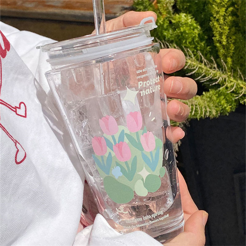 郁金香水杯粉色玻璃杯学生大容量吸管简约早餐牛奶杯一件批发代销