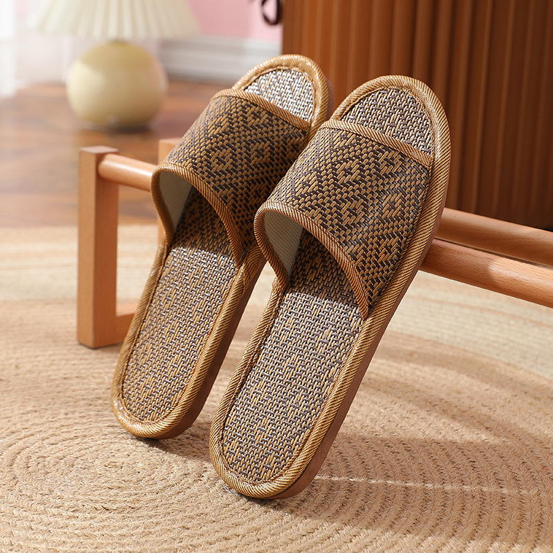 Linen Slippers Women's Summer Couple Household Indoor Floor Home Use Household Rattan Non-Slip Linen Slippers Men's Four Seasons Summer