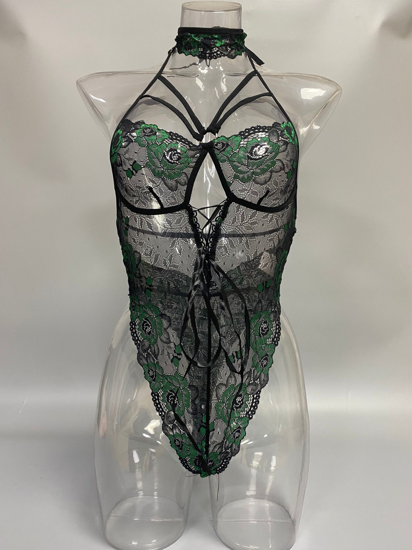 外贸欧洲站新款情趣内衣挂脖露背性感睡衣蕾丝花朵透明修身连体衣