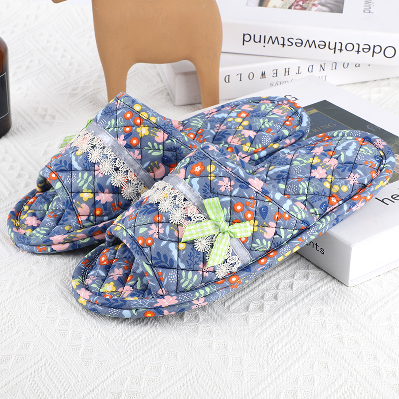 Spring and Autumn Floral Fabric Slippers Male and Female Home Indoor Non-Slip Home Floor Heating Half Pack Cotton Slippers Machine Wash