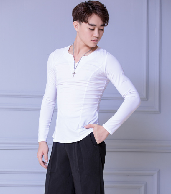 xisaa新款拉丁服装男士成人长袖v领上衣练功服恰恰摩登专业表演服