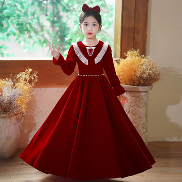 女童裙子秋冬儿童礼服红色连衣裙小女孩长裙钢琴演出服公主裙冬装