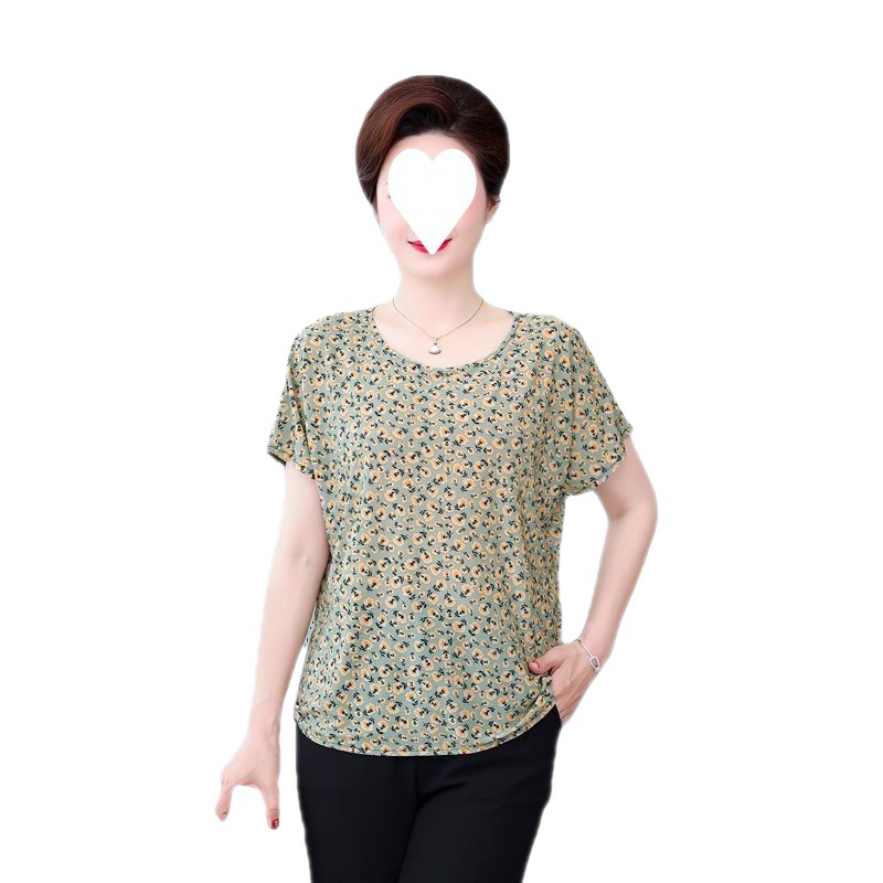 Middle-Aged and Elderly New Short-Sleeved T-shirt plus and Extra Size Mom Wear Summer 100.00kg Loose 2023 Grandma's Clothes Batwing Sleeve