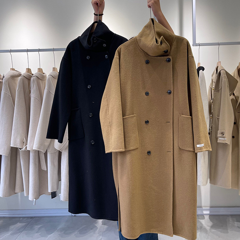 2023高级感双排扣立领中长款呢子大衣新款秋冬季毛呢外套女赫本风