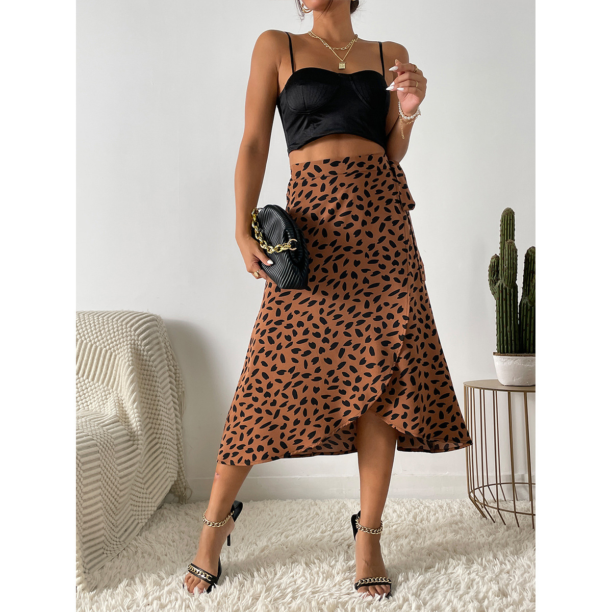 Amazon Cross-Border Women's Clothing European and American Casual All-Matching Graceful Polka Dot Floral Print Slit Skirt Fashion