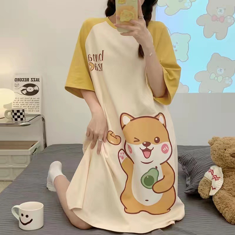 Summer Women's Pajamas Cotton Cute Short Sleeve Nightdress Cartoon Large Size Summer Thin Long Dress Home Wear Can Be Worn outside