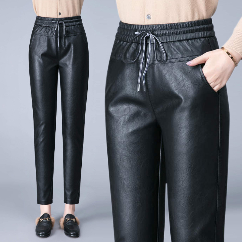 2022秋冬装新款女士黑色哈伦皮裤系带松紧腰绵羊皮皮裤女修身显高