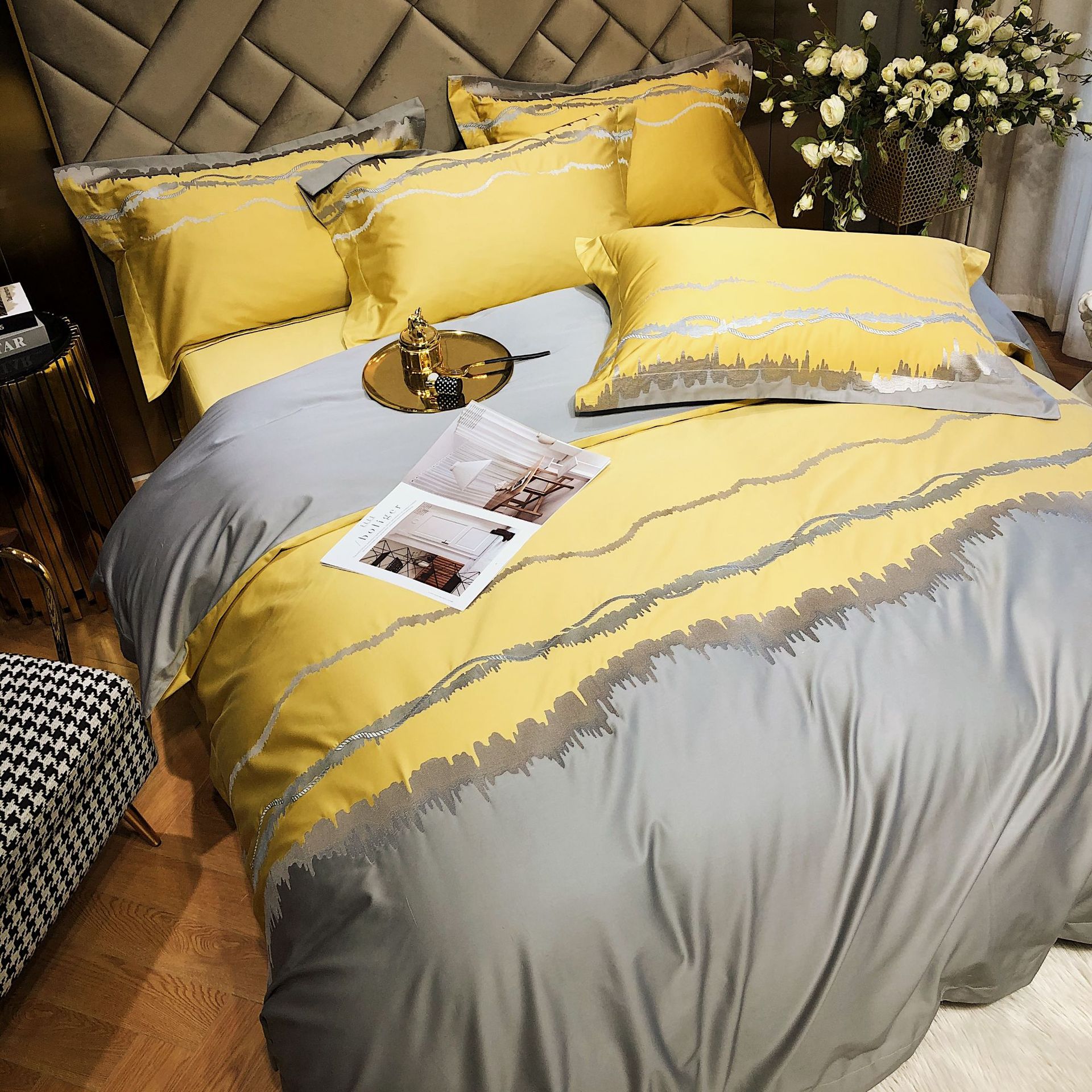 轻奢风100支澳棉刺绣纯棉四件套简约拼接被套床单全棉床上用品18