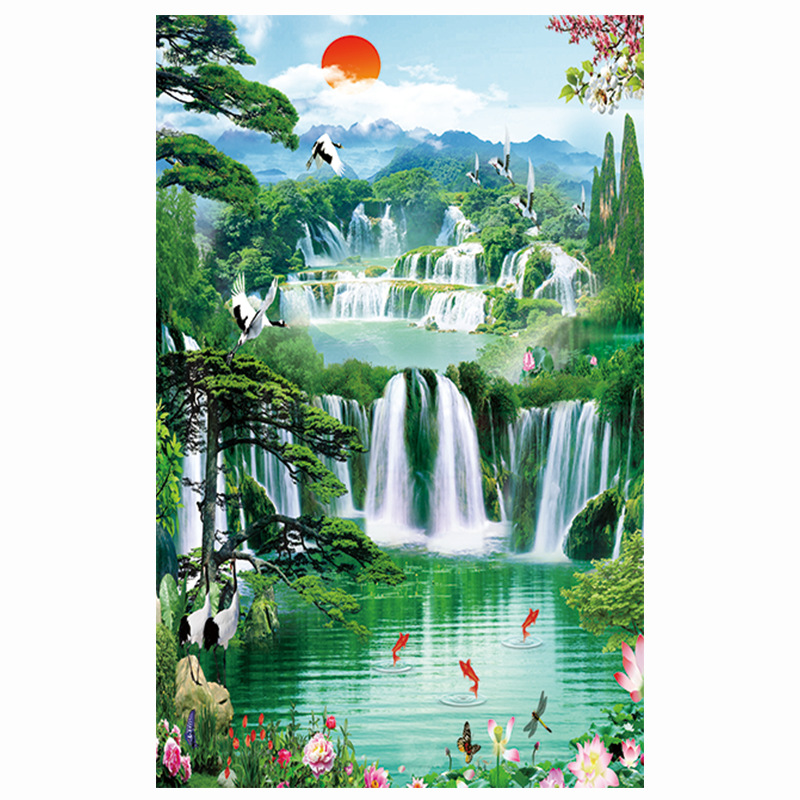 瀑布山水画客厅中堂装饰风水靠山挂画 迎客松 流水生财聚宝盆壁画